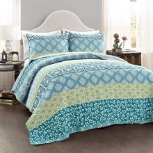 Lush Décor Bohemian Striped Quilt Reversible 3 Piece Bedding Set, King,  Blue and Green