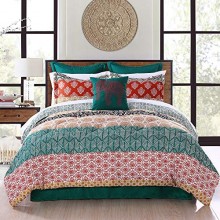 Lush Décor Bohemian Striped Quilt Reversible 3 Piece Bedding Set, King, Turquoise & Orange